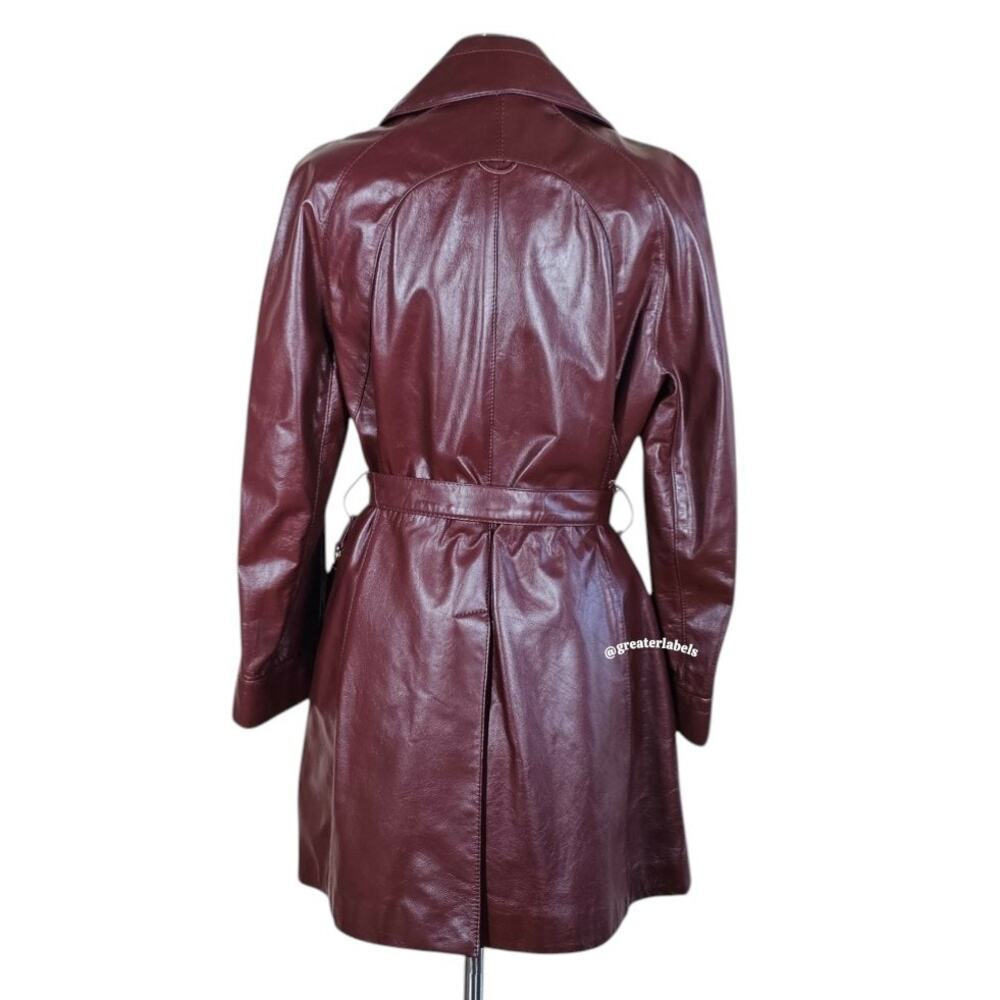 Etienne Aigner Vintage 70s Burgundy Leather Belted Trench Coat SIZE 14 Rare - Picture 3 of 11